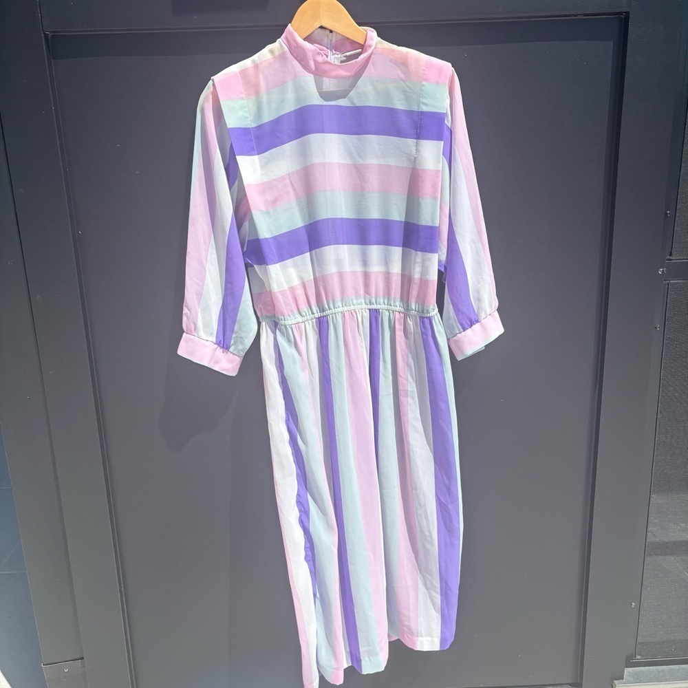 Vintage 80s Pastel Striped Midi Dress – High Neck Modest Style – Size M/L